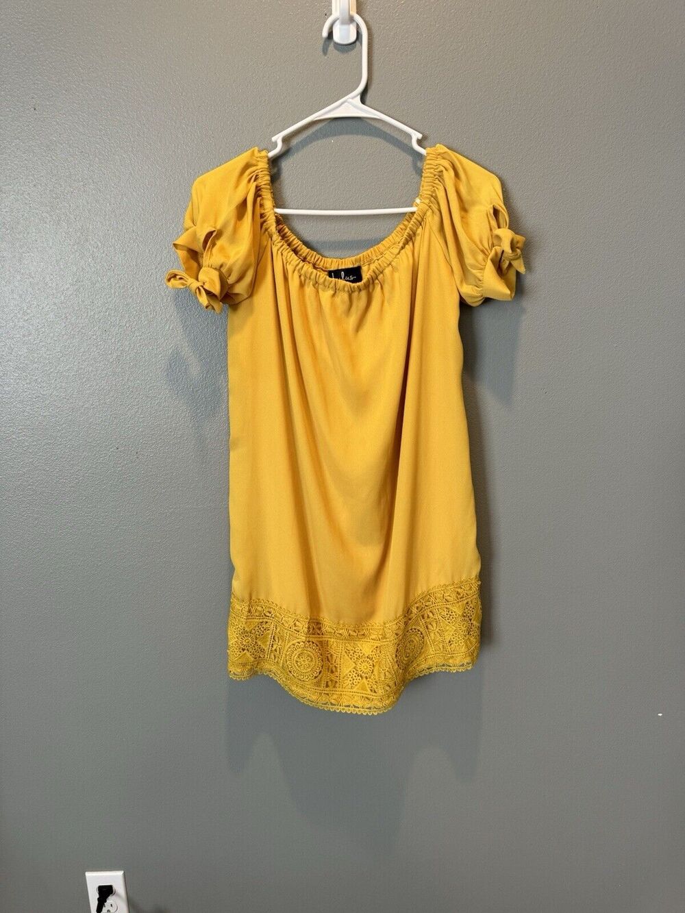 Lulus Women's Dress S Moment in the Sun Mustard Yellow Lace Off-the-Shoulder